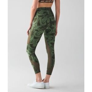 Lululemon Highest Times Wanderlust Wavy Olive Green Leggings Womens 4 Mesh Panel